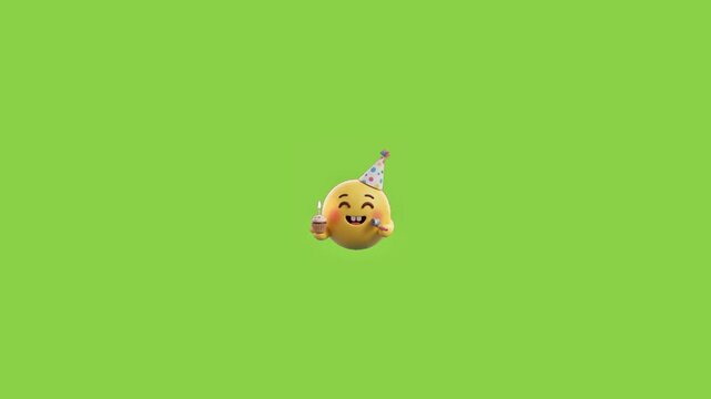 Animated smiling emojis wearing party hats holding birthday cupcakes against solid bright green background banner with cartoon yellow spherical cupcakes lit candles video three cartoon celebration