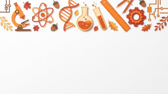 Autumn STEM Education Top Border with Science, Engineering and Math Paper Cut Illustration on White Background