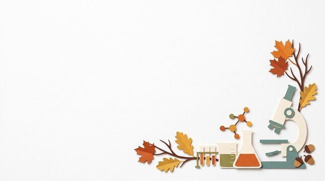 Autumn Science Bottom Right Corner Border with Microscope and Chemistry Paper Cut Illustration on White Background
