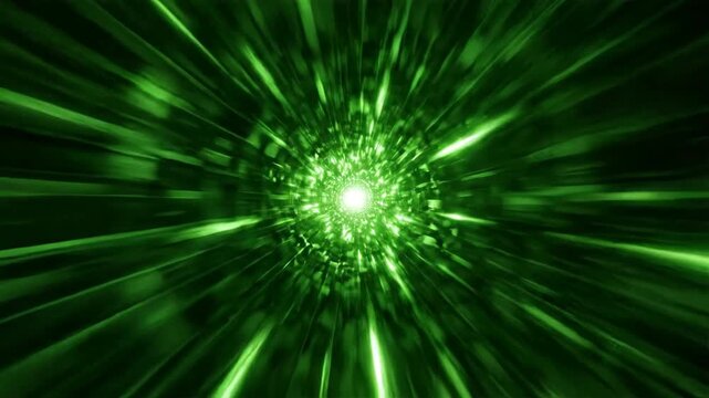 Abstract camera zoom into a deep green tunnel with glowing neon light trails for video editing transitions