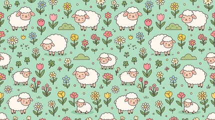 Cute sheep and wildflower seamless pattern on mint green background