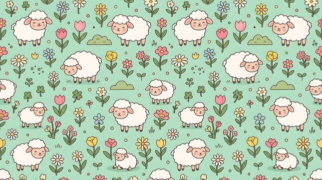 Cute sheep and wildflower seamless pattern on mint green background