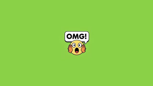 Repeating shocked emoji faces with speech bubbles displaying exclamation text against a solid green background with video displays horizontal horizontal row animated