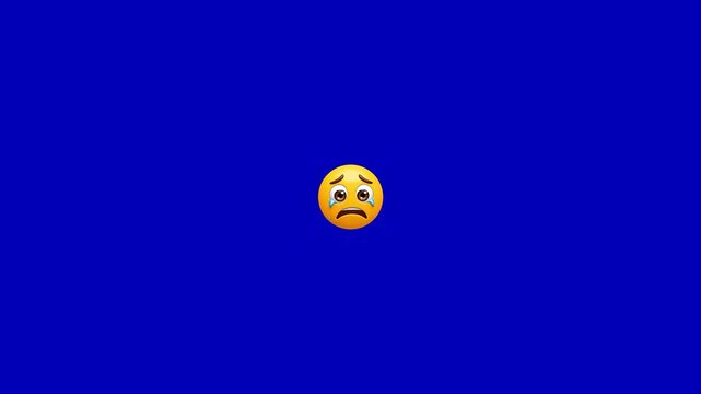Sad crying emojis floating across vibrant solid blue background with backdrop representing emotional video three distinct against solid bright floating left right communication expression sorrow