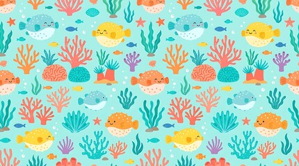 Colorful underwater seamless pattern with pufferfish and coral reef