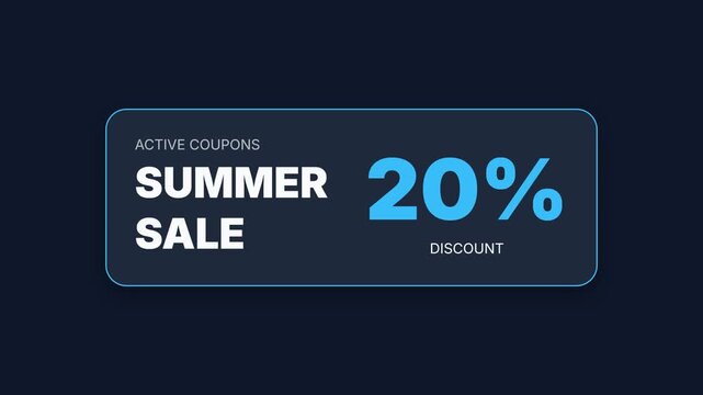Summer sale coupon animation, dynamic discount percentage display changing from 0% to 20%, seamless loop, symbolizing promotions and savings opportunities