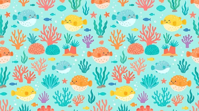 Colorful underwater seamless pattern with pufferfish and coral reef