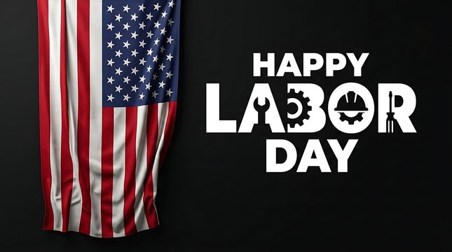 Happy labor day text with construction on a black background, next to a, hanging american flag, fabric with vertical, folds and texture