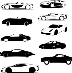 Modern sports car and supercar vector collection, Isolated silhouette set on white background © X99 gravic