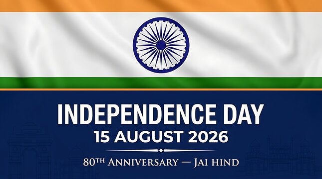 Indian independence day banner featuring the tricolor flag with ashoka chakra, text 15 august 2026, 80th anniversary celebration and jai hind slogan