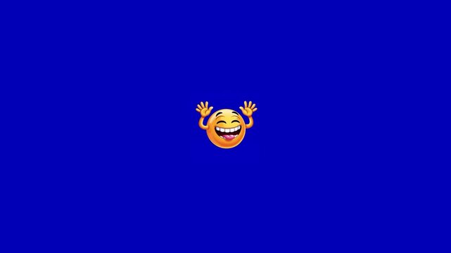 Three identical joyful cartoon faces waving hands against vibrant solid blue background horizontal motion loop with identical yellow laughing hands tongues sticking video displays three celebration