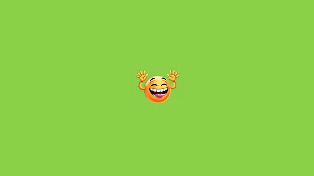 Three identical animated yellow emojis expressing joyful excitement against vibrant solid lime green backdrop background with displays horizontal arrangement raised arms against yellow emoji faces