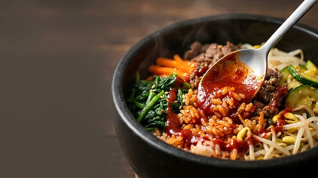 Traditional korean bibimbap in stone bowl with spicy sauce