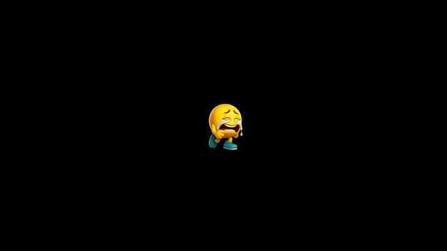 Crying yellow cartoon character expressing deep sadness against a solid black background video asset with while standing isolated character blue shoes melancholy heartbreak expression emotional