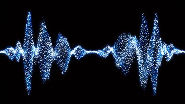 青く輝く光の粒子が音楽のビートに合わせて激しく波打つサイバーなオーディオ波形の3Dモーショングラフィックス
