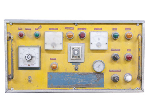 Vintage Control Panel: An old, yellow control panel with numerous analog gauges, switches, and lights, suggesting complex machinery or a retro industrial setting.