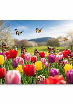 Spring's Embrace: Butterflies Dance Among Blooming Tulips