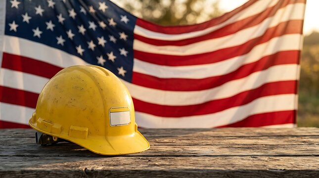 Yellow construction hard hat placed on a rustic wooden table with a blurred american flag waving in the background, during golden hour