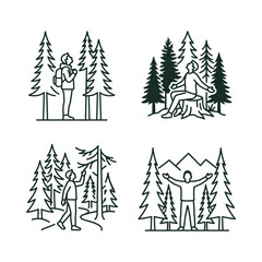 Obraz premium Forest Camping Adventure Line Art Icons: Hiking, Relaxing, Exploring Nature