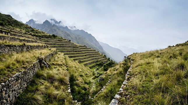 Ancient stone terraces on a steep mountain slope in the andes