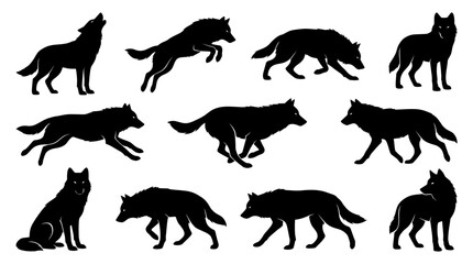 Obraz premium Set of wolf silhouettes including howling and running postures.
