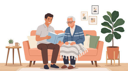 Young man reading book to elderly man on couch.