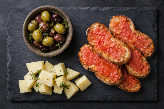 Traditional tomato toast with olive and cheese on stone slate. Appetizer from Spanish cuisine for Mediterranean diet. Tasty meal with bread, fresh tomato, raw cheese and salty olive.