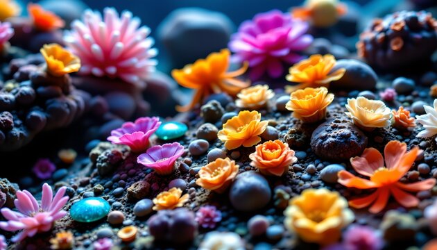 The image features a close up view of a variety of colorful, small decorative elements arranged on a surface