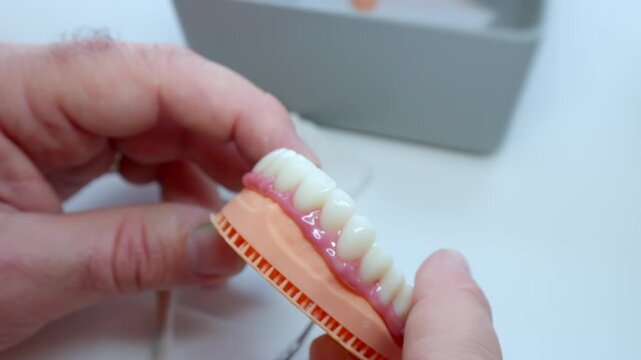 Close-up of a dental technician's hands comparing a wax denture try-in to a completed acrylic denture with forceps nearby, showing quality control in prosthetic dental fabrication