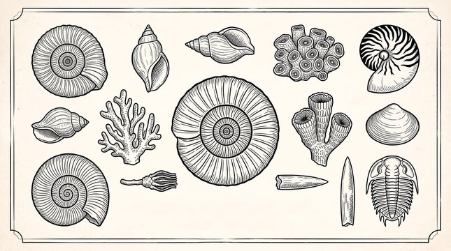 Vintage hand drawn fossil illustration collection of prehistoric shells and corals
