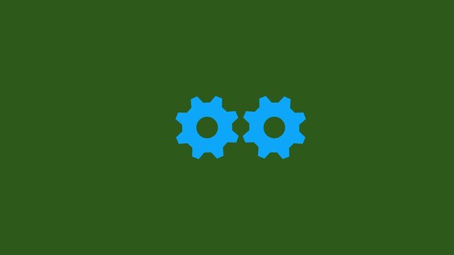 Two light blue gears interlocking spinning loop animation on chroma key green background, 2 industrial gearwheels rotating together concept for machinery mechanism overlay transition video.