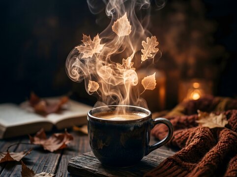 A warm cup of coffee with steam and autumn leaves on a wooden table with a book and cozy sweater for a relaxing fall atmosphere