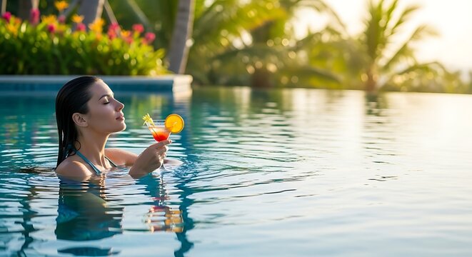 A woman relaxes in a serene pool with a colorful drink