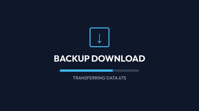 Animated digital interface showing a vibrant blue download icon and a dynamic progress bar for 'BACKUP DOWNLOAD', with 'TRANSFERRING DATA' text and percentage increasing from 0% to 100% on a dark
