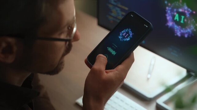 Close up of man holding smartphone talks to an AI powered personal voice assistant using artificial intelligence on phone and computer, interacting with AI chatbot app or giving tasks to an AI agent. 