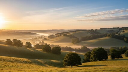 Obraz premium Misty Sunrise Over Rolling Hills in the Countryside