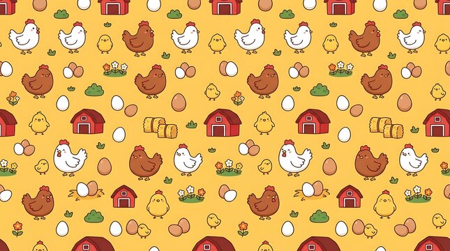 Cute farm life seamless pattern with chickens and red barns