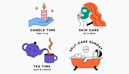 Fototapeta premium Self-care Sunday vector icon set, wellness and relaxation illustrations, skin care and tea time lifestyle graphics, flat line art wellness elements