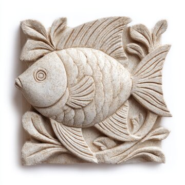 Stone Carved Relief Featuring A Stylized Tropical Fish On A Square Textured Surface Against White