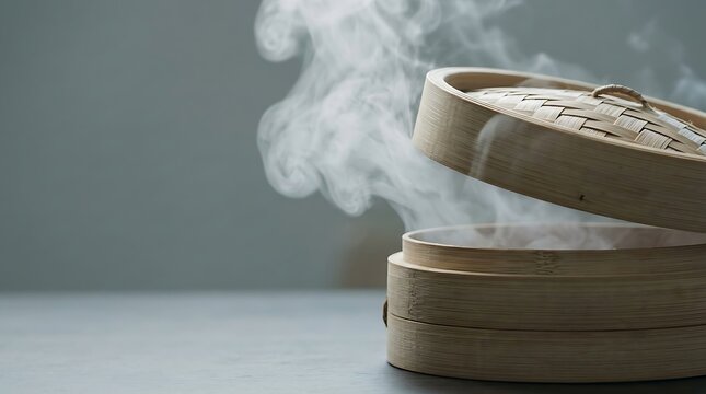 Steam rising from a bamboo steamer basket on a grey background