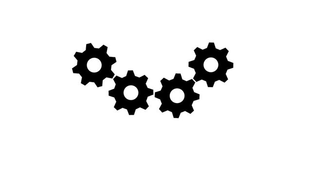 Four black gears arc arrangement spinning loop animation on white background, 4 industrial gearwheels rotating together concept for team mechanism solution process backdrop decoration.