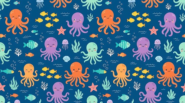Seamless pattern with cute octopuses and colorful sea creatures