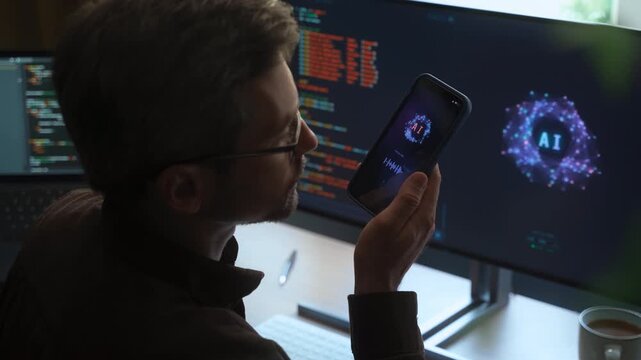 Over-the-shoulder view, of man holding smartphone, talking with AI chatbot app, asking questions, using artificial intelligence assistant for work and daily tasks on phone and computer. Space for text