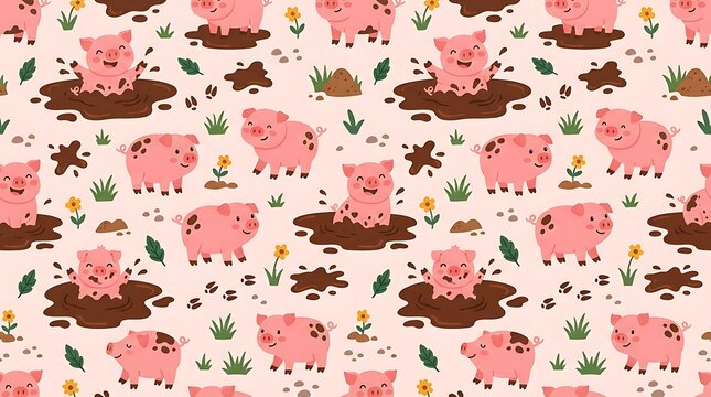 Seamless pattern with cute pink pigs playing in mud puddles