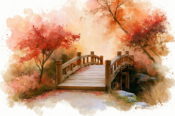 Obraz premium Autumn Leaves and Traditional Wooden Bridge Watercolor Painting