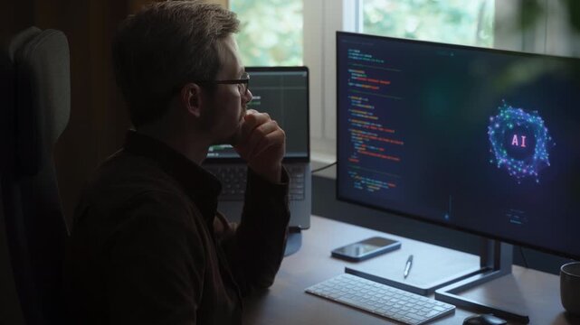 Smiling software engineer rubbing hands while an AI assistant generates code on screen at home office. Man vibe coding with artificial intelligence agent and automation. Space for text