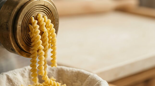 Fresh fusilli pasta extruding from traditional brass machine
