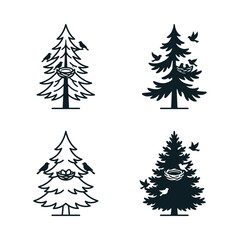 Obraz premium Pine Tree with Birds and Nest - Minimalist Vector Icons Set