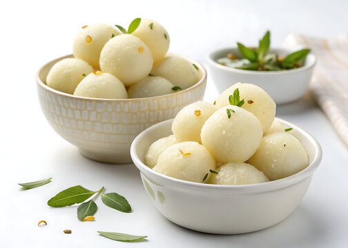Rasgulla in traditional style, soft white syrup-soaked cheese balls, isolated on white background