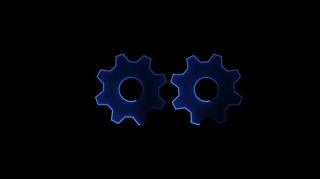 Neon blue glowing two gears interlocking spinning loop animation on black background, luminous future tech gearwheels rotating concept for futuristic machinery engineering interface.